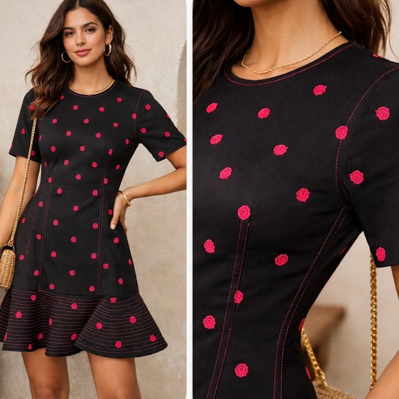 Anthropologie Dresses & Skirts - Anthropologie x C/MEO Collective Black Pink Rose Embroidered Dress Whimsigoth